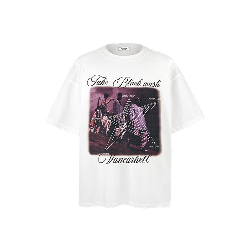 American vintage street T-shirt retro character print men's loose top