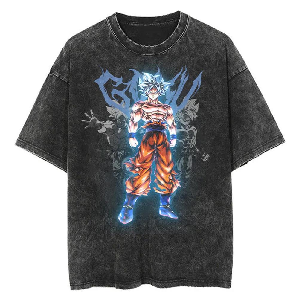 2024Men Tshirt Washed Black Vintage Japanese Anime Dragon