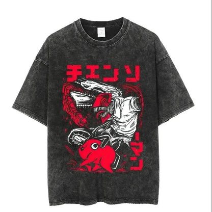 2024 Vintage Washed Tshirts Chainsaw Woman Anime T Shirt