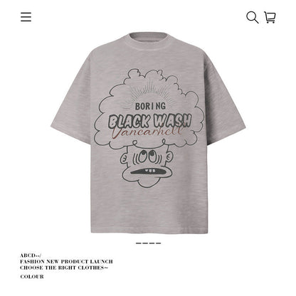 American vintage street T-shirt retro hand-painted cartoon print men's summer loose