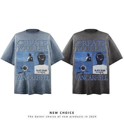 American vintage street T-shirt retro men's summer loose casual half-sleeved shirt