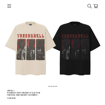 American vintage street T-shirt retro men's summer loose half-sleeved shirt