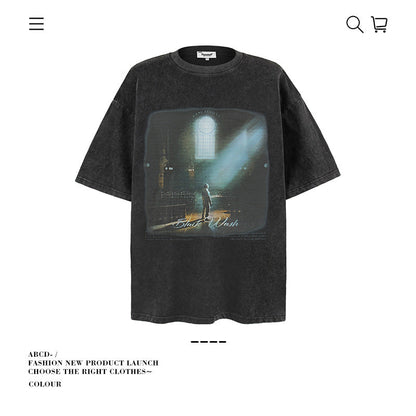 American vintage street T-shirt cotton vintage character print men and women summer loose