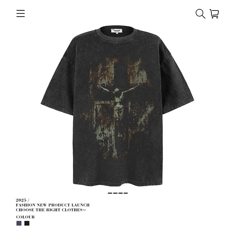 American vintage street T-shirt pure cotton men's and women's summer loose retro half-sleeves