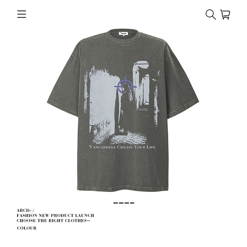 American vintage street T-shirt men's loose spring and summer half-sleeved shirt