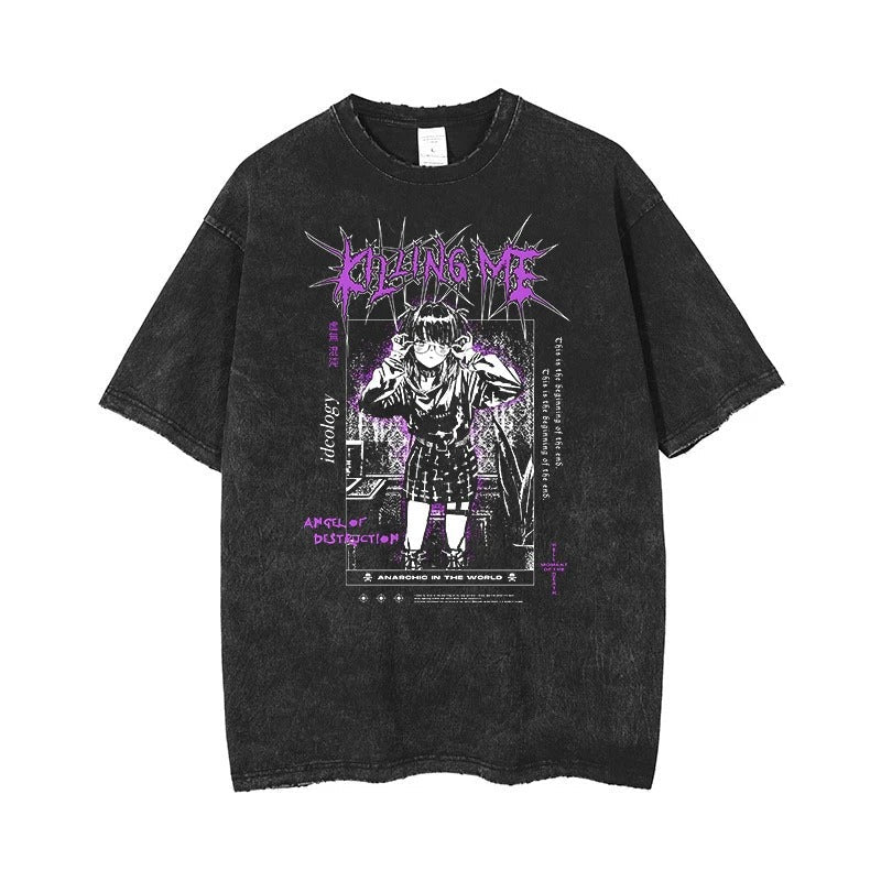2024Anime Print Retro Washed Short Sleeved Loose