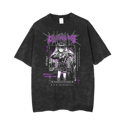 2024Anime Print Retro Washed Short Sleeved Loose