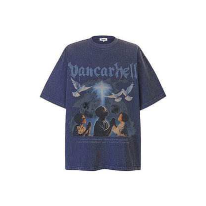 American vintage street T-shirt retro character print men's loose top
