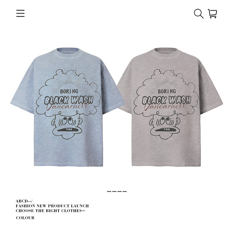 American vintage street T-shirt retro hand-painted cartoon print men's summer loose