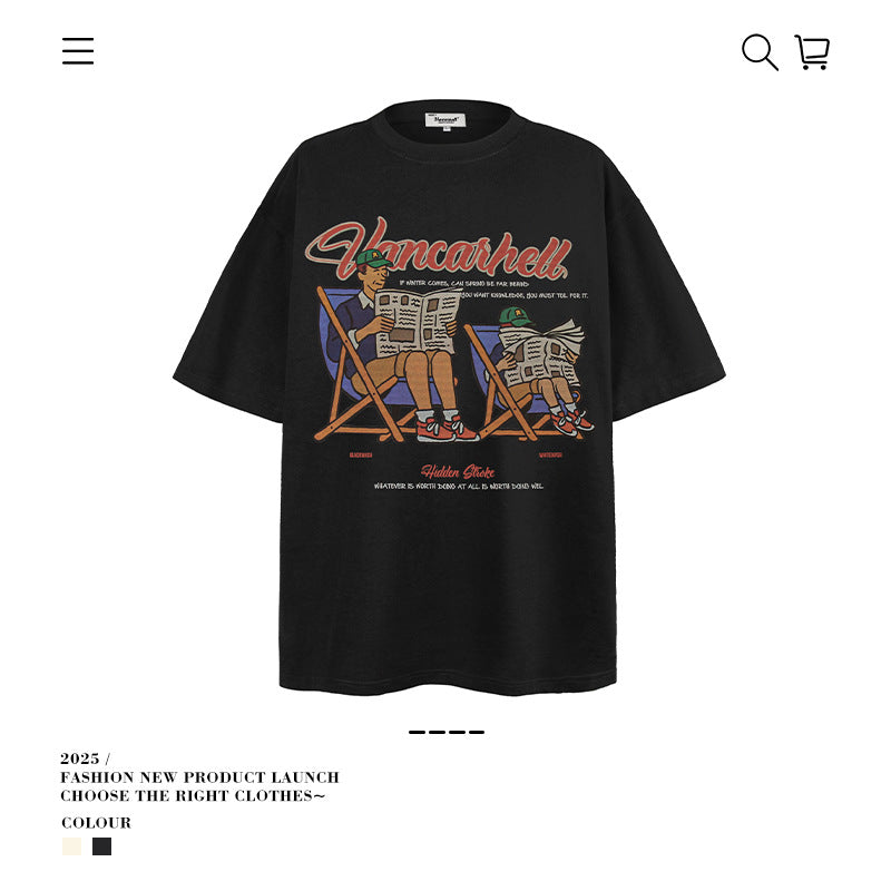 American vintage street T-shirt cartoon character print men's summer loose half sleeve