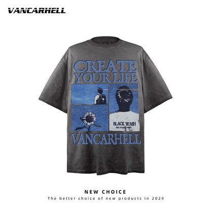 American vintage street T-shirt retro men's summer loose casual half-sleeved shirt
