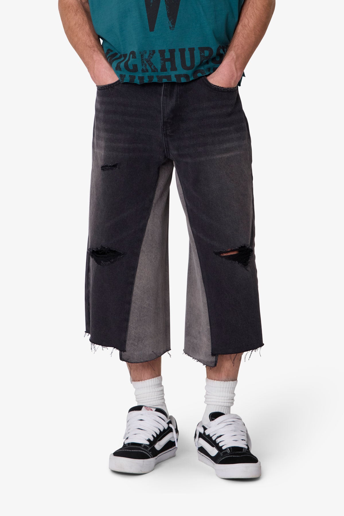 Paneled Denim Shorts - Washed Black