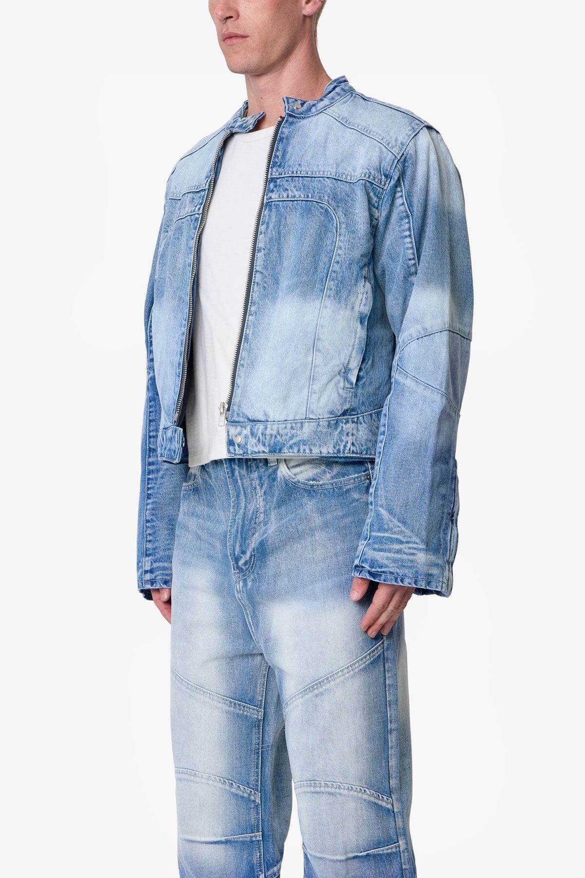 Paneled Moto Denim Jacket - Washed Blue