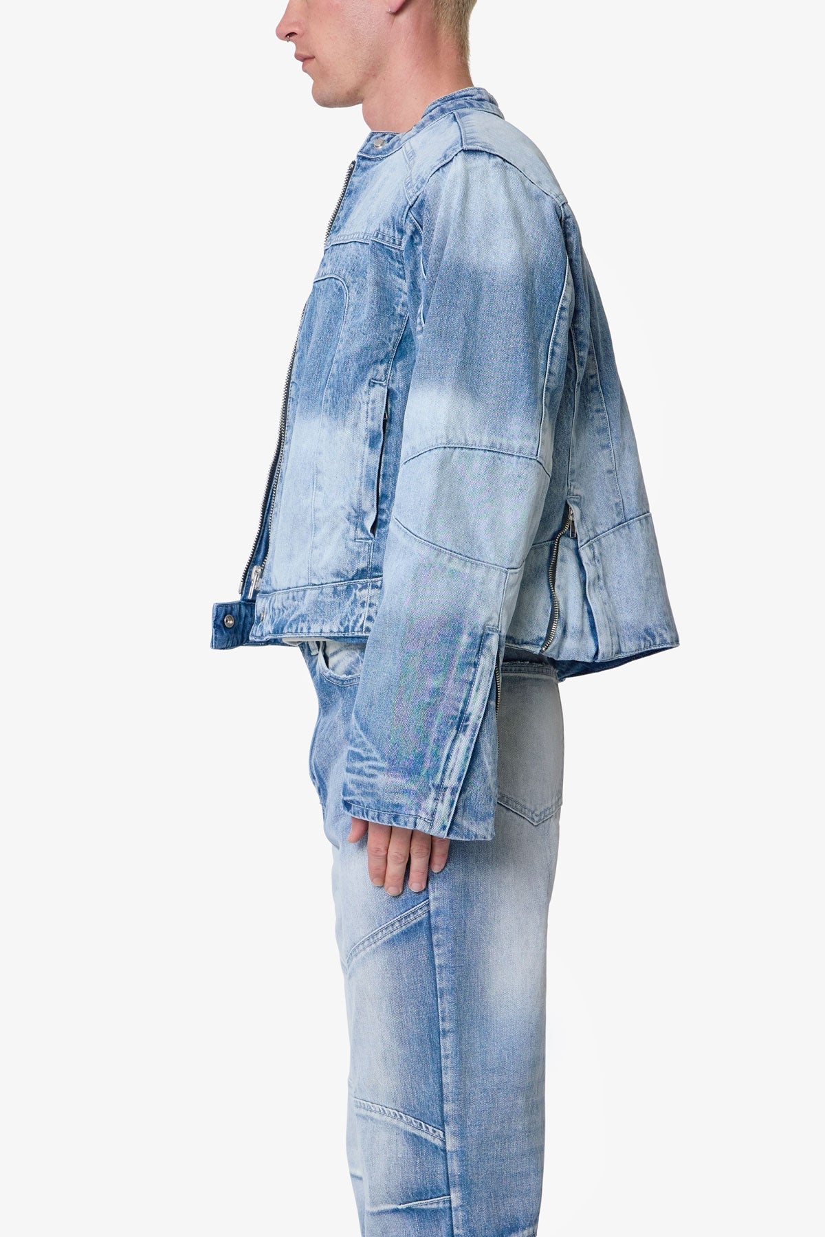 Paneled Moto Denim Jacket - Washed Blue