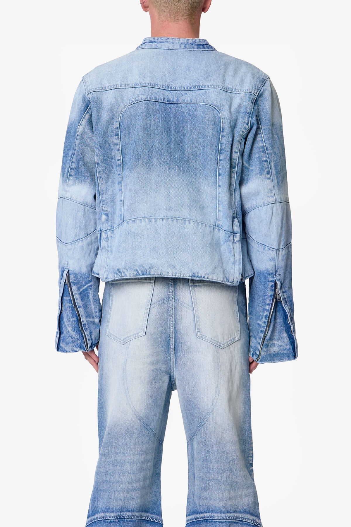 Paneled Moto Denim Jacket - Washed Blue