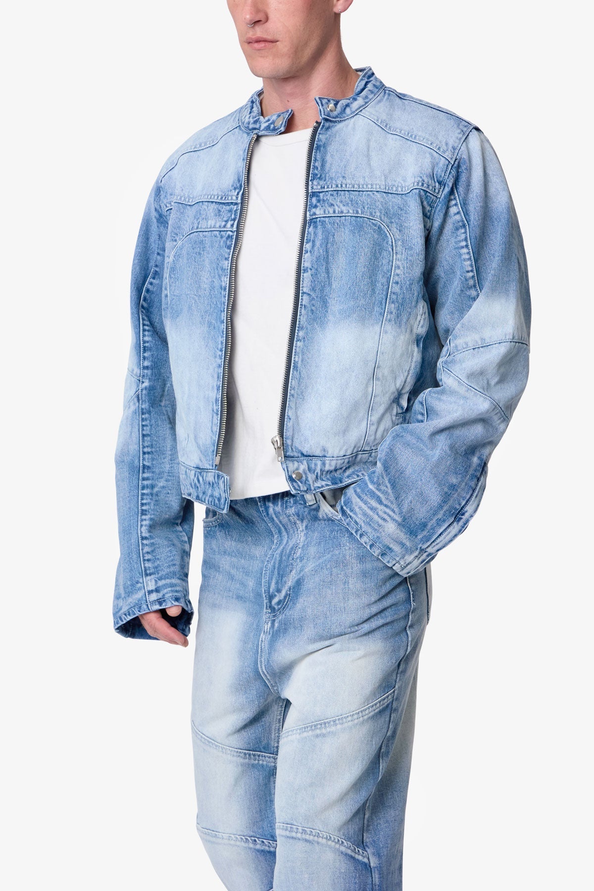 Paneled Moto Denim Jacket - Washed Blue