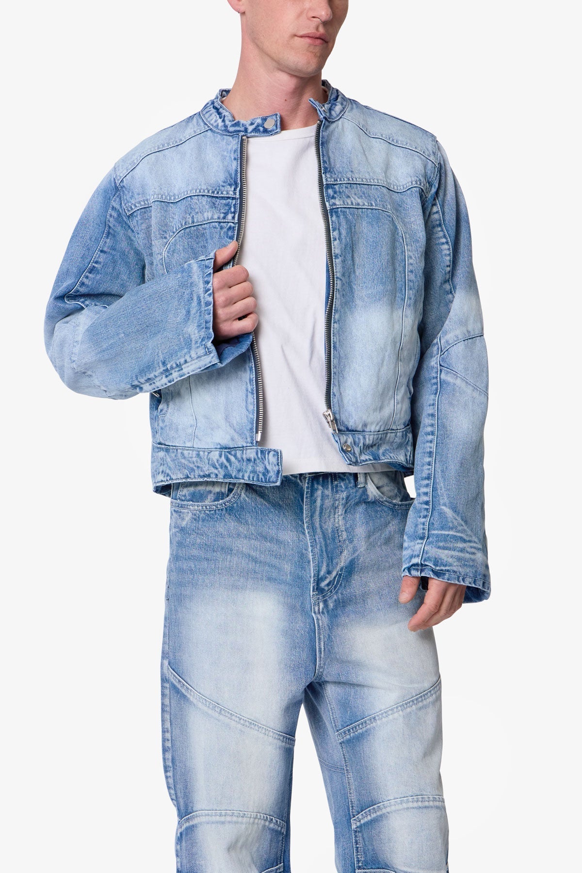 Paneled Moto Denim Jacket - Washed Blue