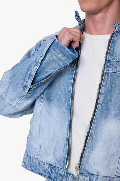 Paneled Moto Denim Jacket - Washed Blue