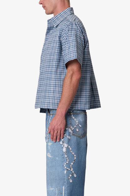 Plaid Poplin Cropped S/S Shirt - Blue
