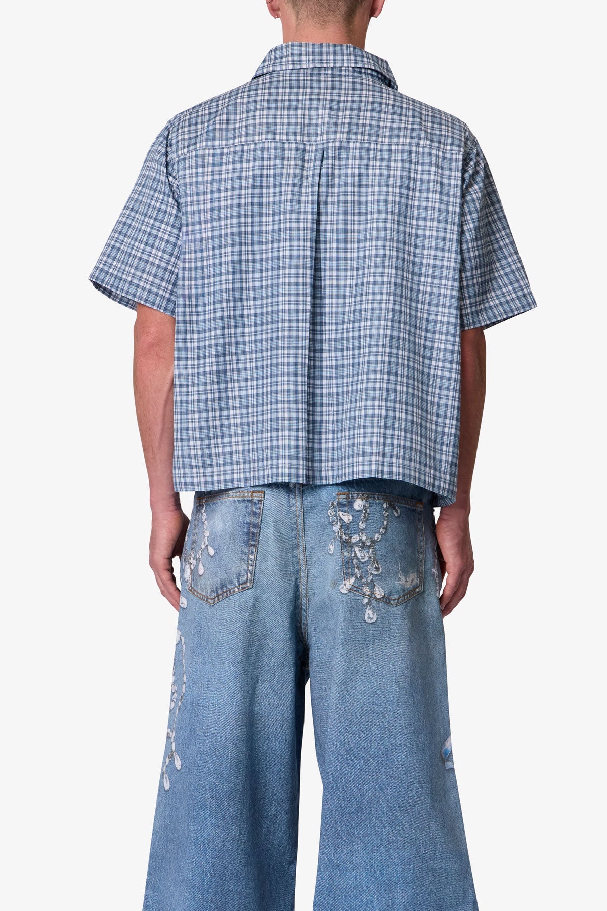 Plaid Poplin Cropped S/S Shirt - Blue