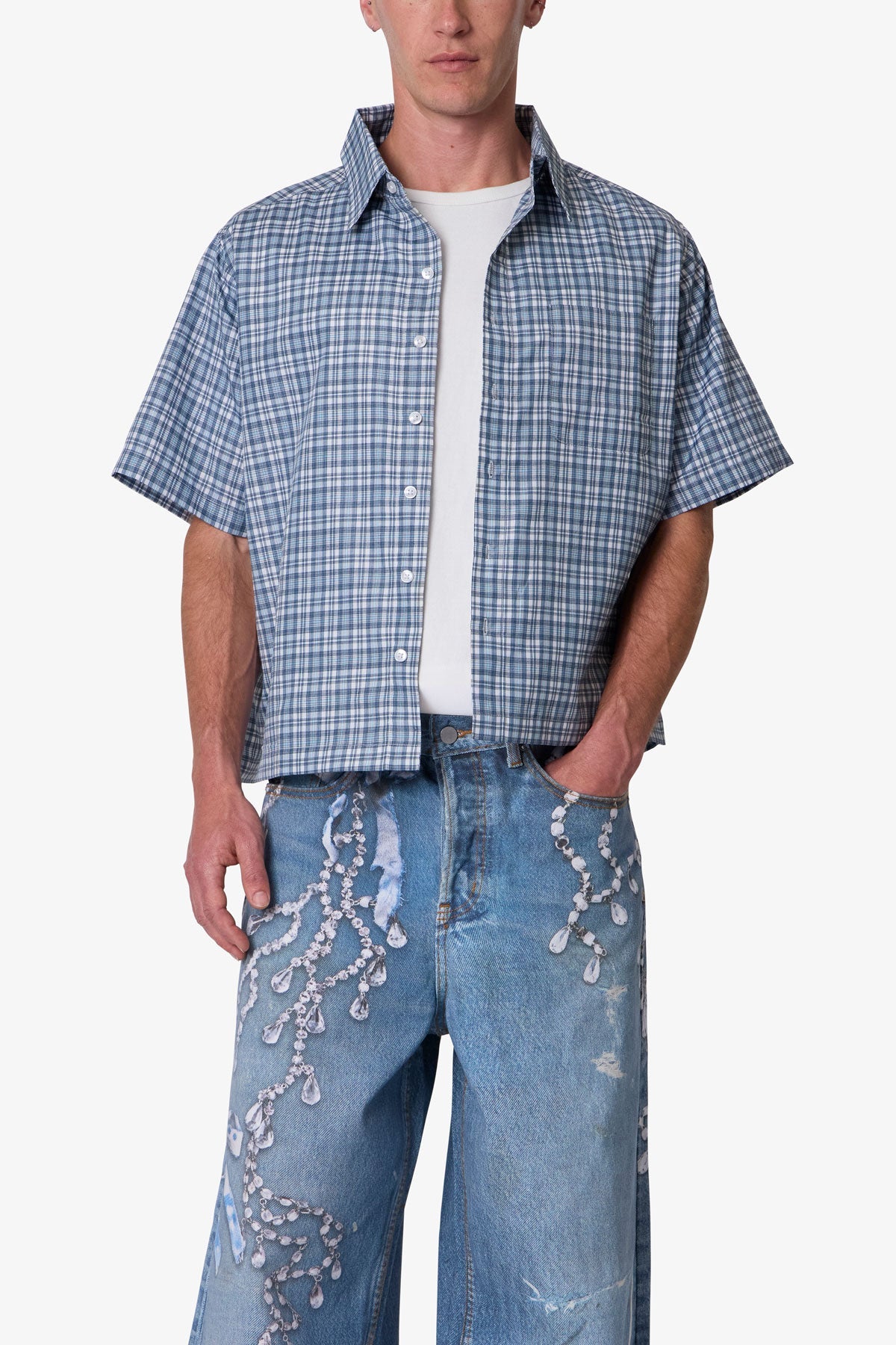 Plaid Poplin Cropped S/S Shirt - Blue
