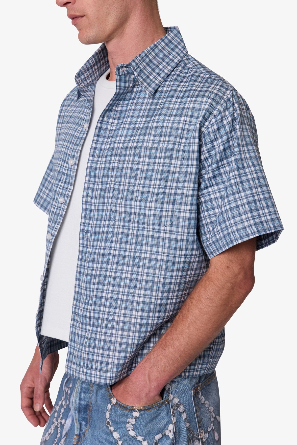 Plaid Poplin Cropped S/S Shirt - Blue