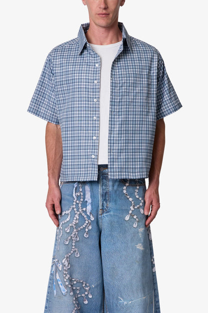 Plaid Poplin Cropped S/S Shirt - Blue