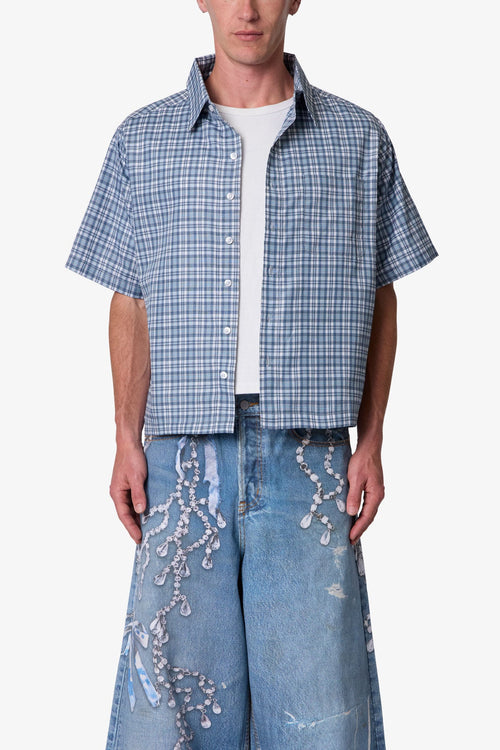 Plaid Poplin Cropped S/S Shirt - Blue