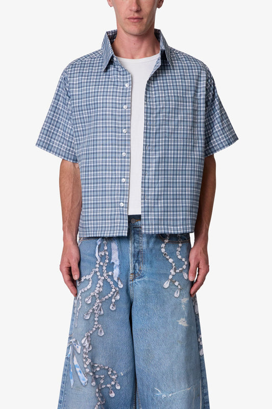 Plaid Poplin Cropped S/S Shirt - Blue