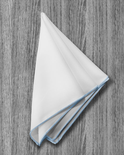 Pocket Square - White with Light Blue Edge Stitch