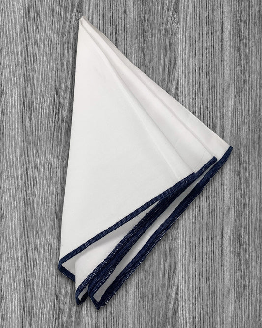 Pocket Square - White With Blue Edge Stitch