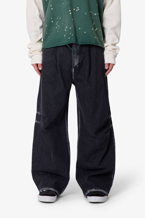 Raw Pleated Denim - Rinsed Black