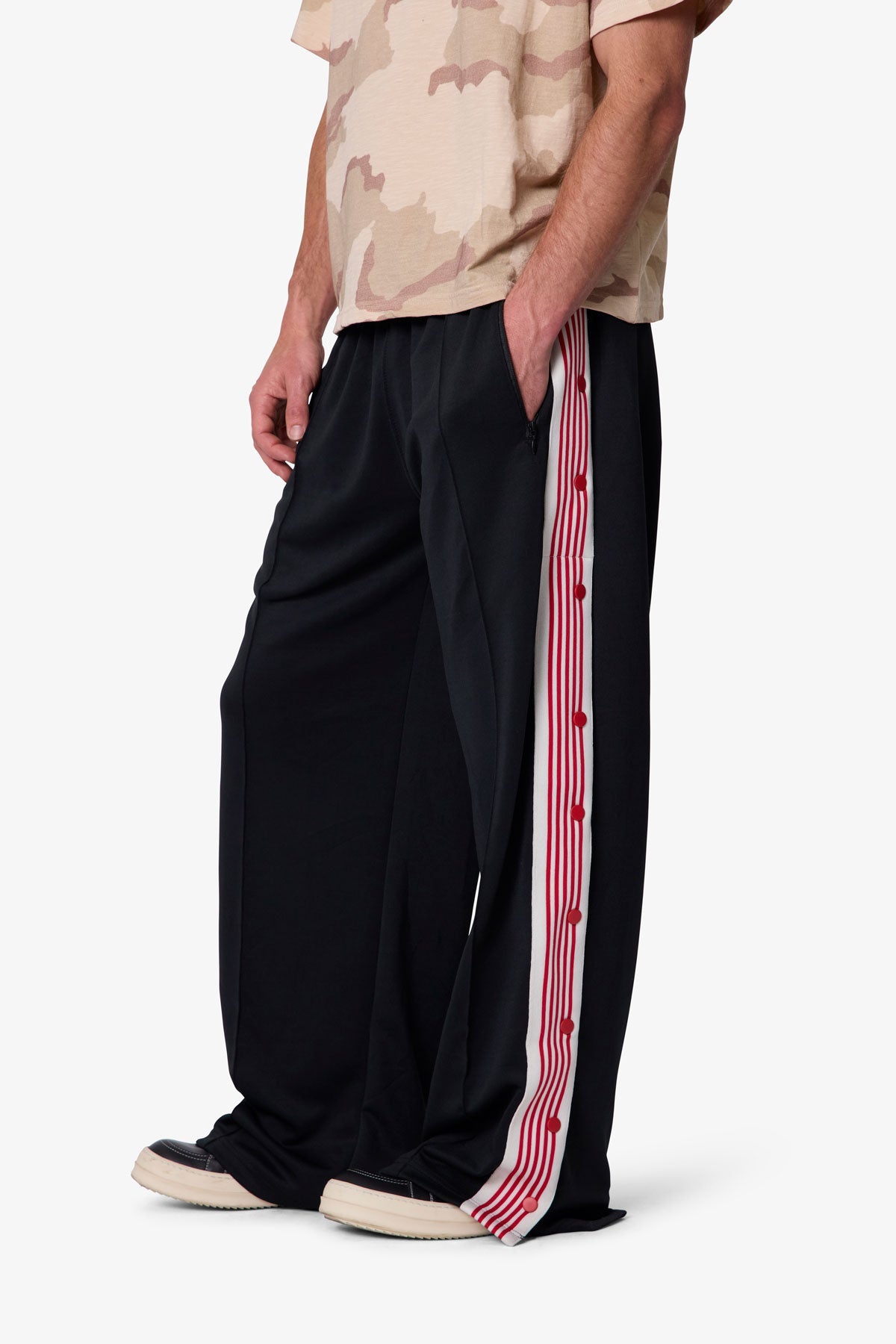 Side Snap Striped Track Pants - Black
