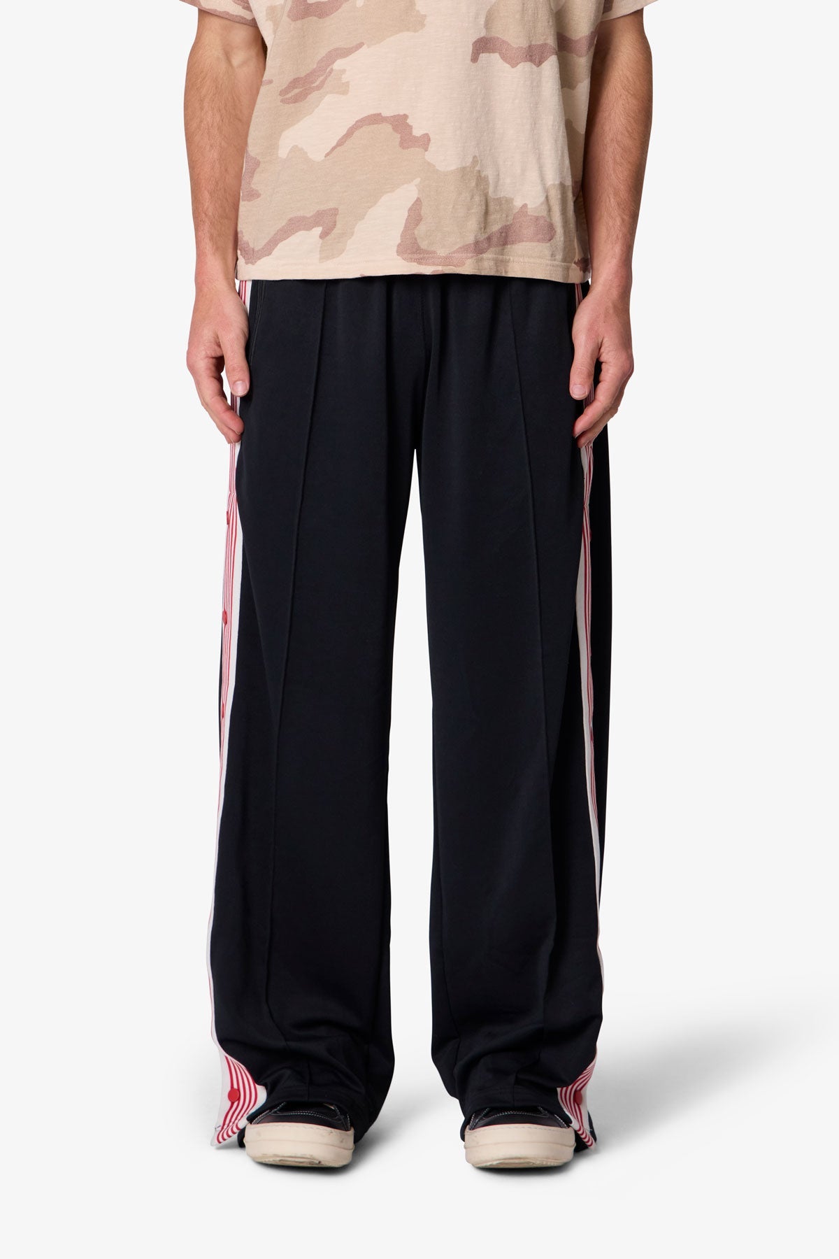 Side Snap Striped Track Pants - Black
