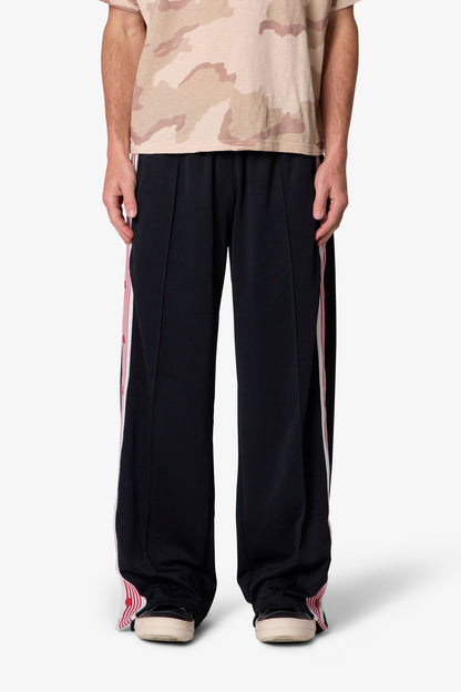 Side Snap Striped Track Pants - Black