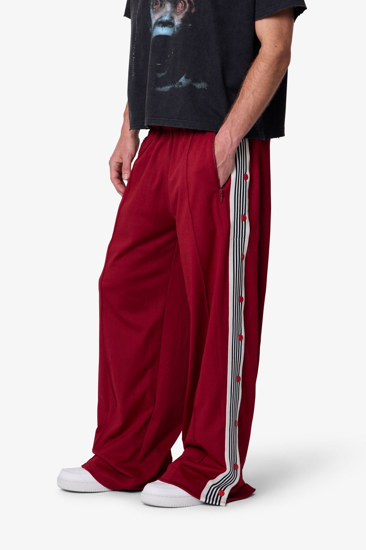 Side Snap Striped Track Pants - Red