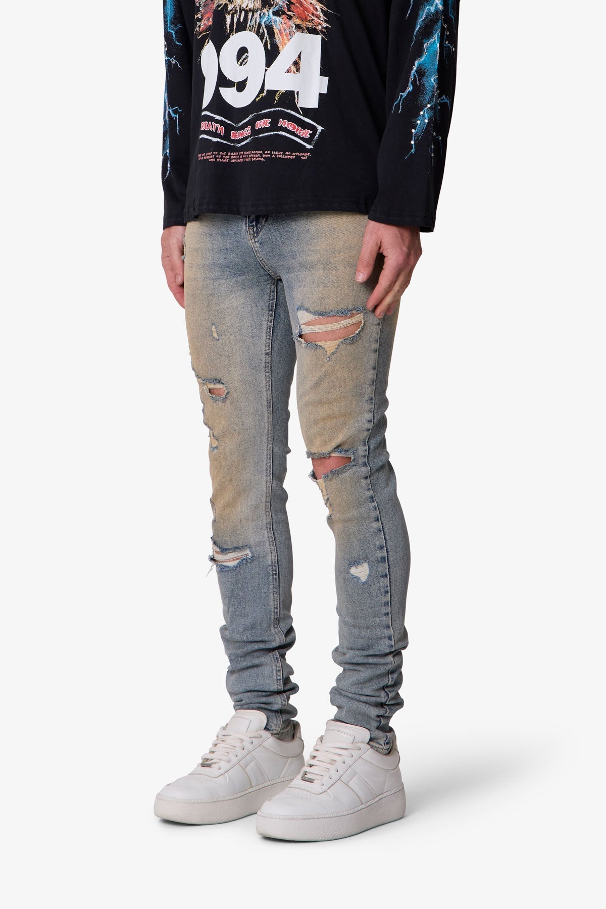 Slashed Skinny Denim - Vintage Blue