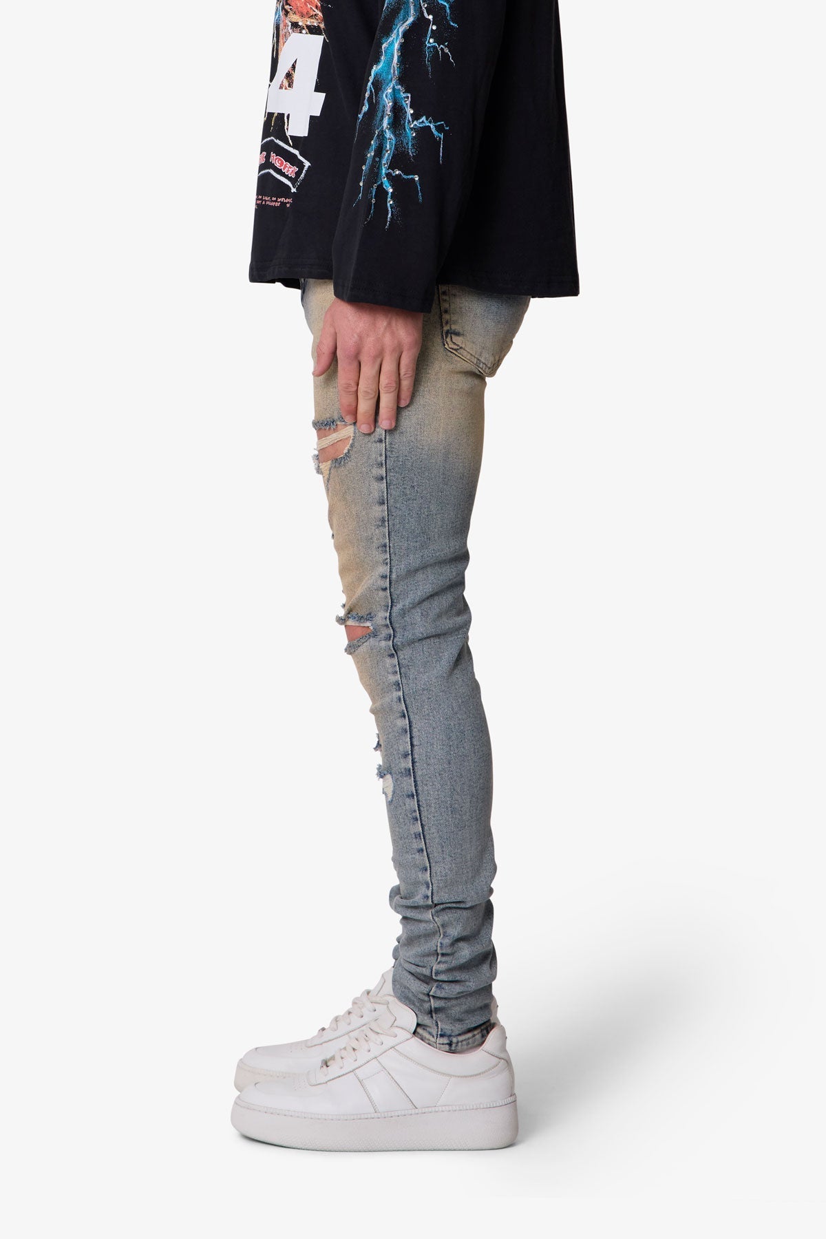 Slashed Skinny Denim - Vintage Blue
