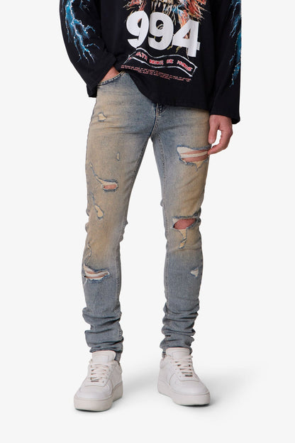 Slashed Skinny Denim - Vintage Blue