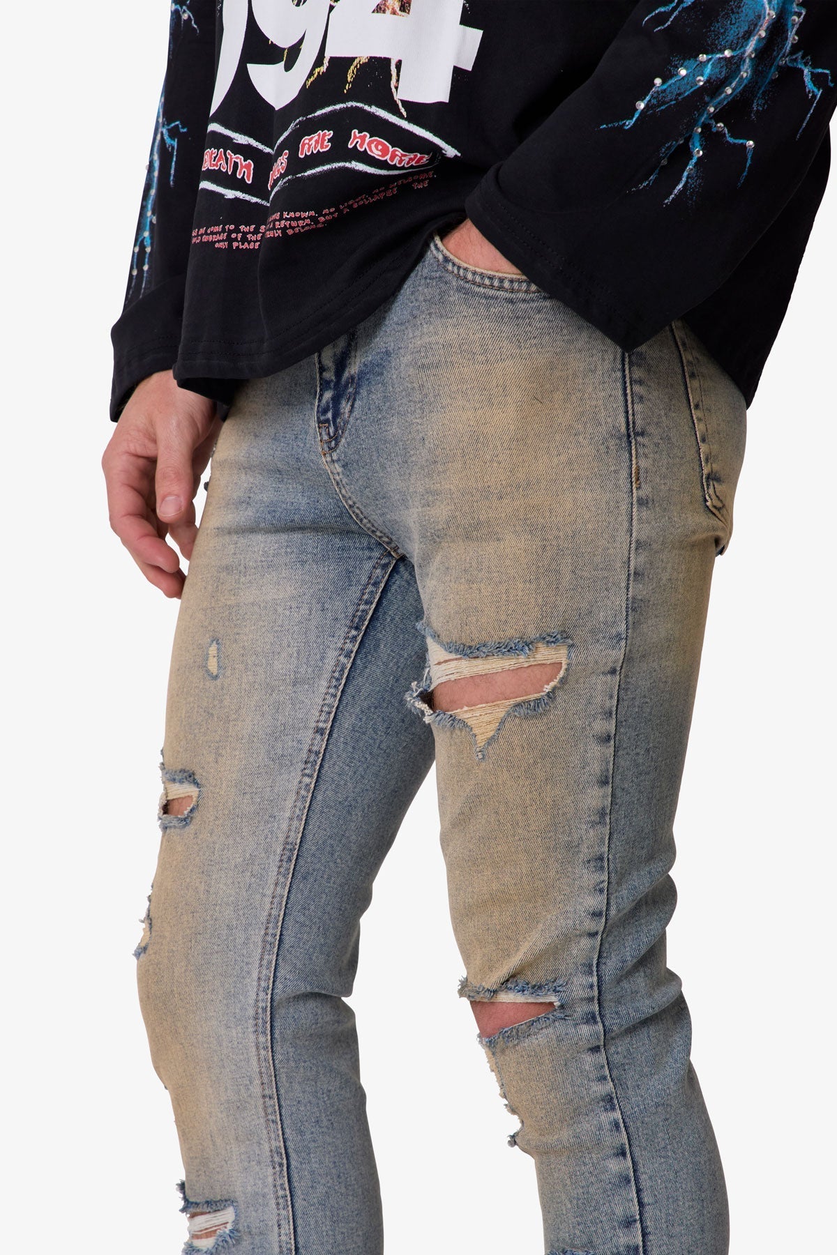 Slashed Skinny Denim - Vintage Blue