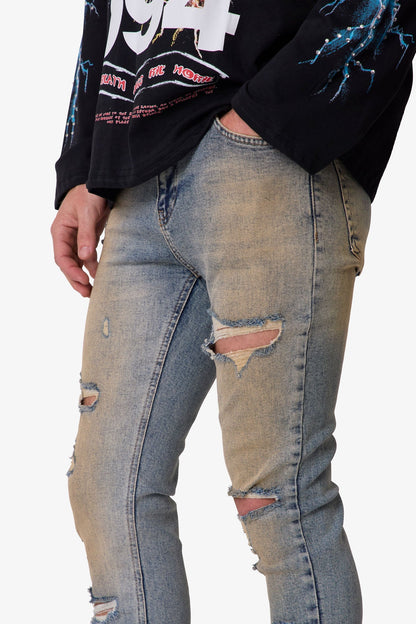 Slashed Skinny Denim - Vintage Blue