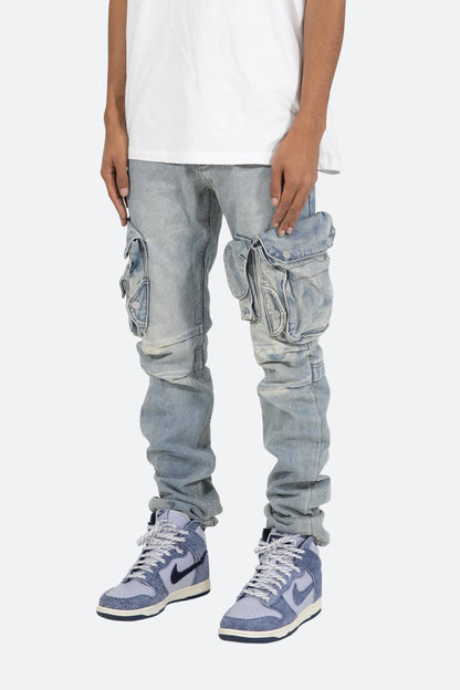 Snap Denim Cargo Pants - Vintage Blue