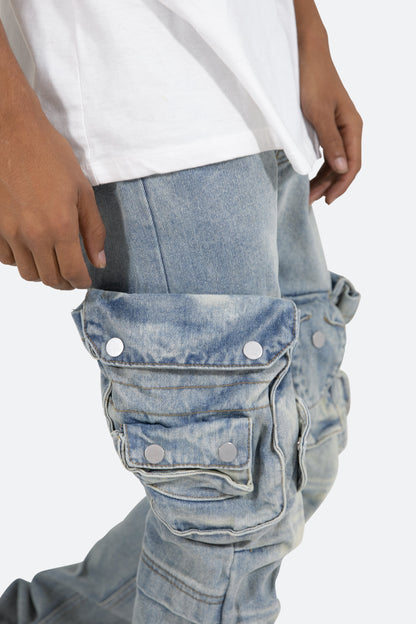 Snap Denim Cargo Pants - Vintage Blue
