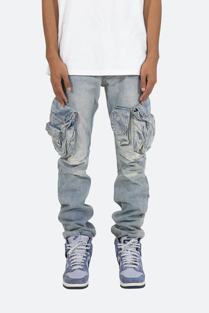Snap Denim Cargo Pants - Vintage Blue