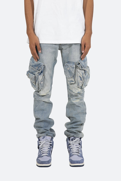 Snap Denim Cargo Pants - Vintage Blue
