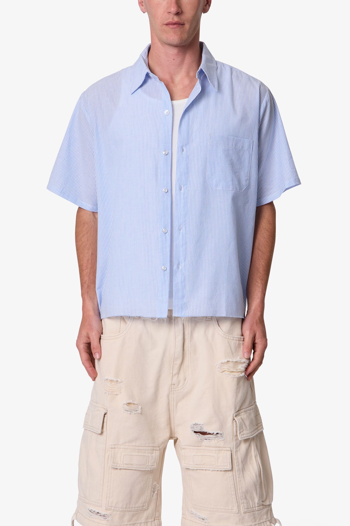 Striped Poplin Cropped S/S Shirt - Blue/White