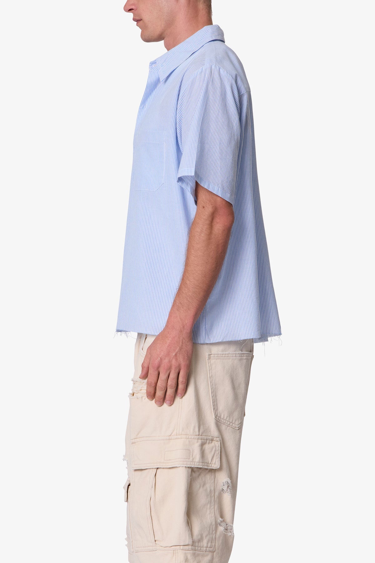 Striped Poplin Cropped S/S Shirt - Blue/White