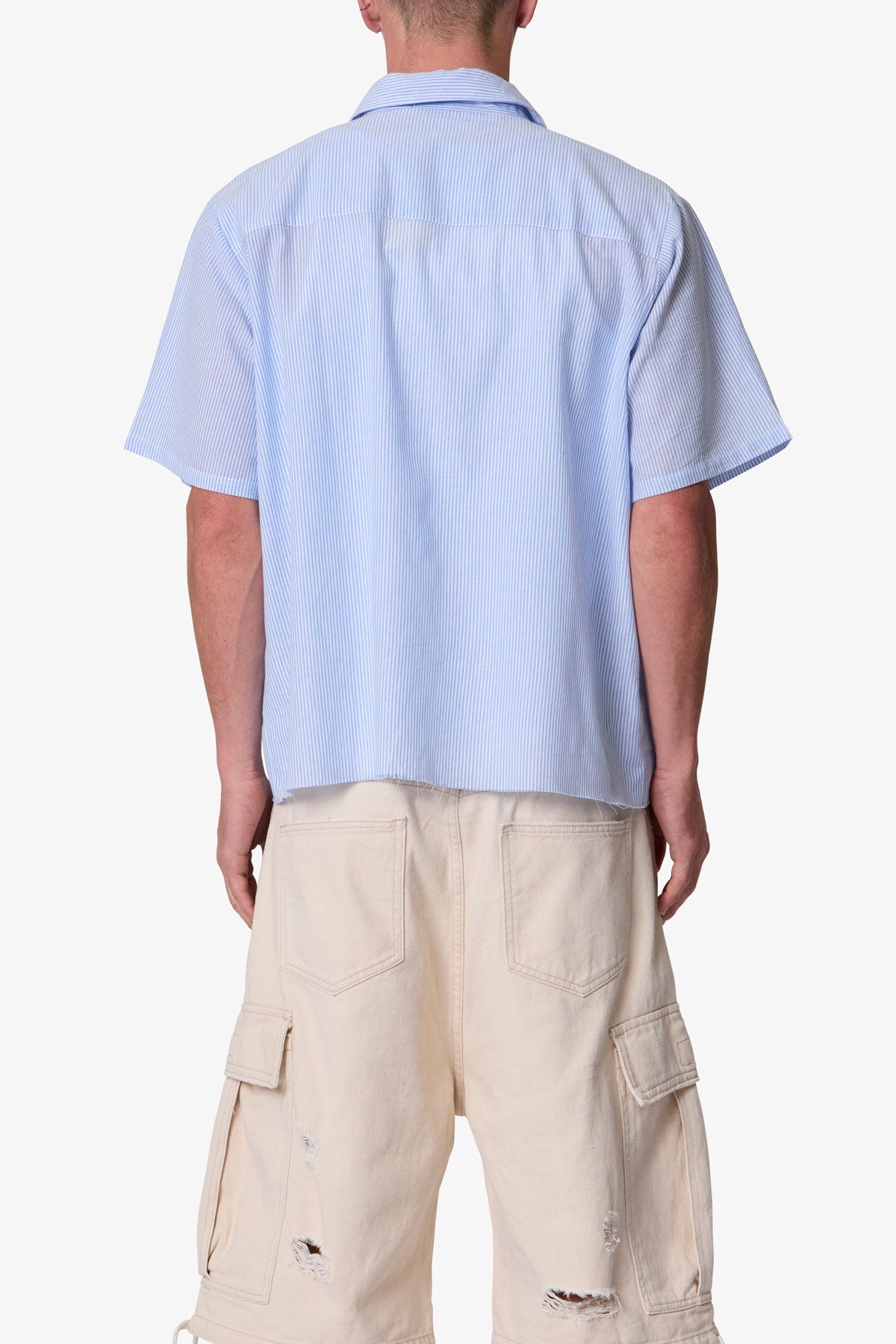 Striped Poplin Cropped S/S Shirt - Blue/White