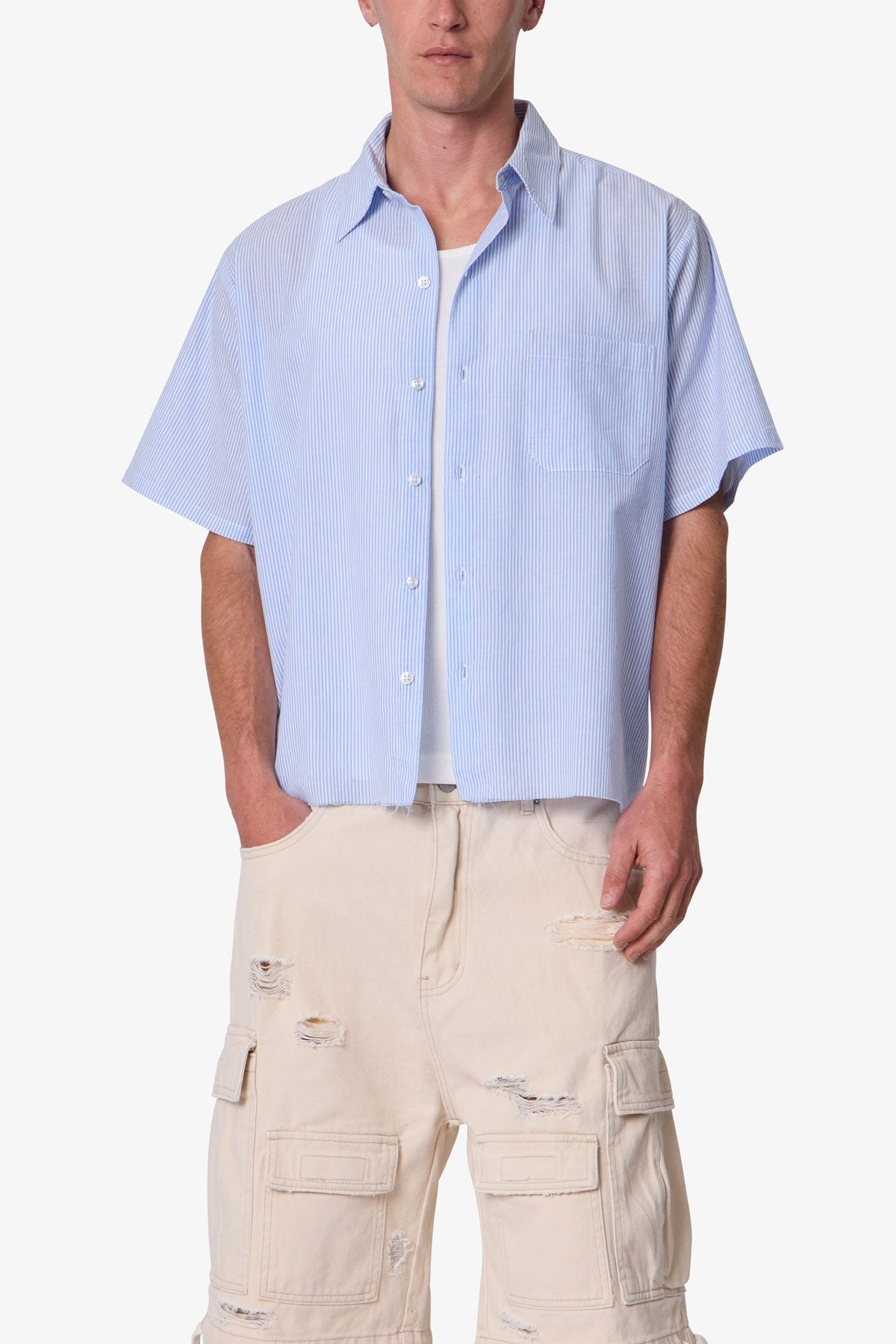 Striped Poplin Cropped S/S Shirt - Blue/White