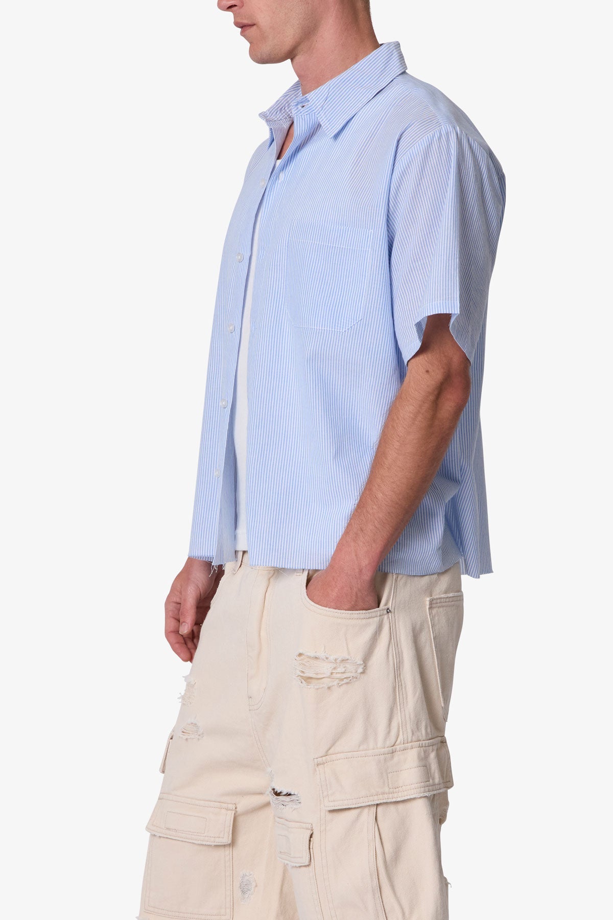 Striped Poplin Cropped S/S Shirt - Blue/White